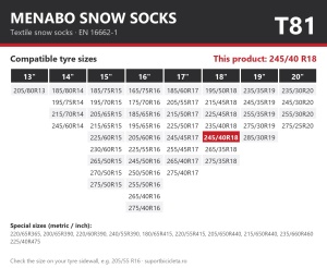 Lanturi auto textile, huse antiderapante 245/40 R18, Menabo Snow Socks, omologate, T81