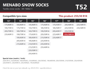 Lanturi auto textile, huse antiderapante 255/30 R18, Menabo Snow Socks, omologate, T52