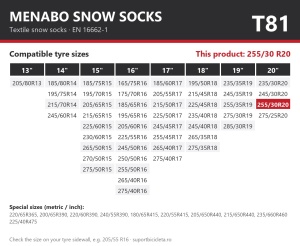 Lanturi auto textile, huse antiderapante 255/30 R20, Menabo Snow Socks, omologate, T81