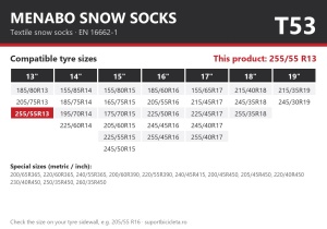 Lanturi auto textile, huse antiderapante 255/55 R13, Menabo Snow Socks, omologate, T53