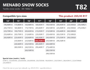 Lanturi auto textile, huse antiderapante 265/45 R17, Menabo Snow Socks, omologate, T82
