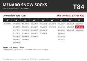 Lanturi auto textile, huse antiderapante 275/25 R22, Menabo Snow Socks, omologate, T84