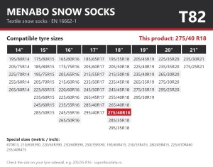 Lanturi auto textile, huse antiderapante 275/40 R18, Menabo Snow Socks, omologate, T82