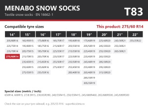 Lanturi auto textile, huse antiderapante 275/60 R14, Menabo Snow Socks, omologate, T83