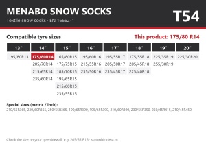 Lanturi auto textile, huse antiderapante 175/80 R14, Menabo Snow Socks, omologate, T54