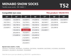 Lanturi auto textile, huse antiderapante 185/65 R15, Menabo Snow Socks, omologate, T52