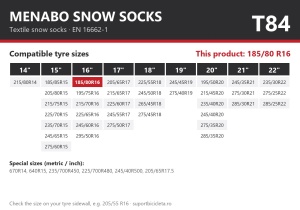 Lanturi auto textile, huse antiderapante 185/80 R16, Menabo Snow Socks, omologate, T84