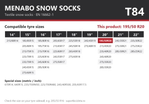 Lanturi auto textile, huse antiderapante 195/50 R20, Menabo Snow Socks, omologate, T84