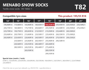 Lanturi auto textile, huse antiderapante 195/55 R18, Menabo Snow Socks, omologate, T82