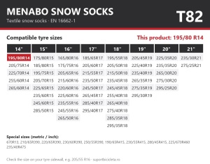Lanturi auto textile, huse antiderapante 195/80 R14, Menabo Snow Socks, omologate, T82