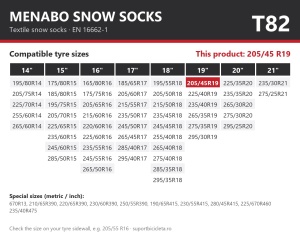 Lanturi auto textile, huse antiderapante 205/45 R19, Menabo Snow Socks, omologate, T82