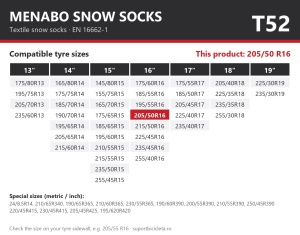 Lanturi auto textile, huse antiderapante 205/50 R16, Menabo Snow Socks, omologate, T52