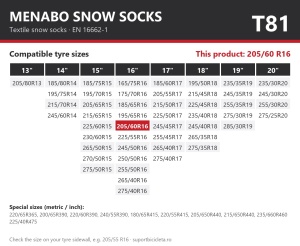 Lanturi auto textile, huse antiderapante 205/60 R16, Menabo Snow Socks, omologate, T81