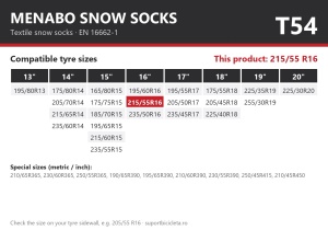 Lanturi auto textile, huse antiderapante 215/55 R16, Menabo Snow Socks, omologate, T54