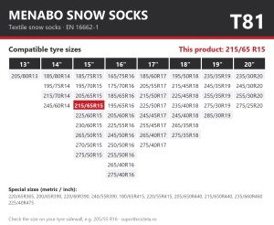 Lanturi auto textile, huse antiderapante 215/65 R15, Menabo Snow Socks, omologate, T81