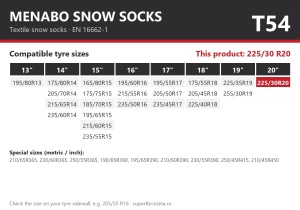 Lanturi auto textile, huse antiderapante 225/30 R20, Menabo Snow Socks, omologate, T54