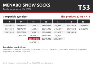 Lanturi auto textile, huse antiderapante 225/55 R15, Menabo Snow Socks, omologate, T53