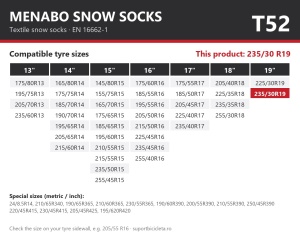 Lanturi auto textile, huse antiderapante 235/30 R19, Menabo Snow Socks, omologate, T52
