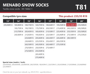 Lanturi auto textile, huse antiderapante 235/35 R19, Menabo Snow Socks, omologate, T81