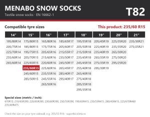 Lanturi auto textile, huse antiderapante 235/60 R15, Menabo Snow Socks, omologate, T82