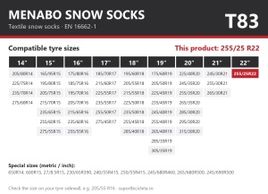 Lanturi auto textile, huse antiderapante 255/25 R22, Menabo Snow Socks, omologate, T83