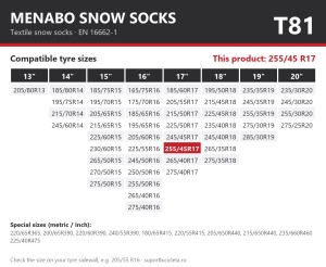 Lanturi auto textile, huse antiderapante 255/45 R17, Menabo Snow Socks, omologate, T81