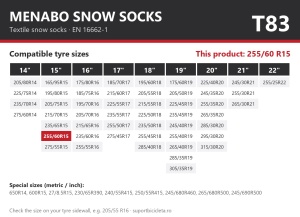 Lanturi auto textile, huse antiderapante 255/60 R15, Menabo Snow Socks, omologate, T83