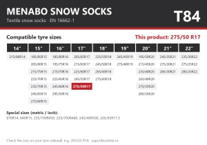 Lanturi auto textile, huse antiderapante 275/50 R17, Menabo Snow Socks, omologate, T84