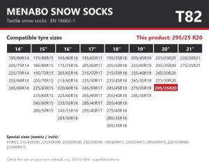 Lanturi auto textile, huse antiderapante 295/25 R20, Menabo Snow Socks, omologate, T82