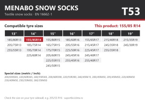 Lanturi auto textile, huse antiderapante 155/85 R14, Menabo Snow Socks, omologate, T53