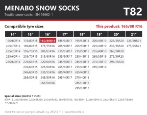Lanturi auto textile, huse antiderapante 165/80 R16, Menabo Snow Socks, omologate, T82