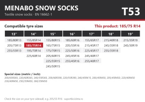 Lanturi auto textile, huse antiderapante 185/75 R14, Menabo Snow Socks, omologate, T53