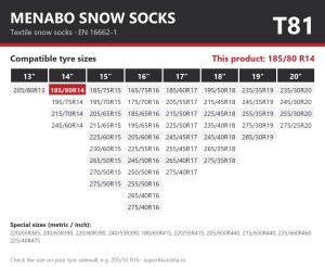 Lanturi auto textile, huse antiderapante 185/80 R14, Menabo Snow Socks, omologate, T81