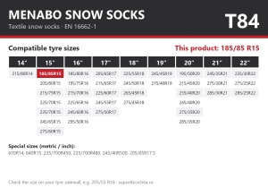 Lanturi auto textile, huse antiderapante 185/85 R15, Menabo Snow Socks, omologate, T84