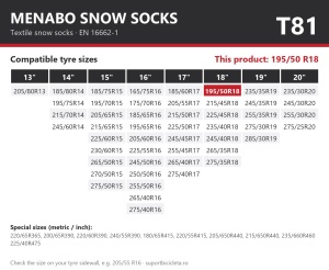 Lanturi auto textile, huse antiderapante 195/50 R18, Menabo Snow Socks, omologate, T81