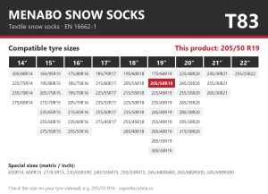 Lanturi auto textile, huse antiderapante 205/50 R19, Menabo Snow Socks, omologate, T83