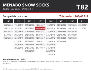 Lanturi auto textile, huse antiderapante 205/60 R17, Menabo Snow Socks, omologate, T82