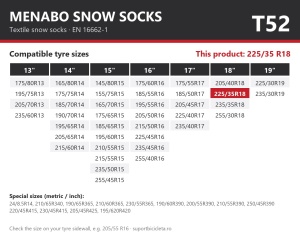 Lanturi auto textile, huse antiderapante 225/35 R18, Menabo Snow Socks, omologate, T52
