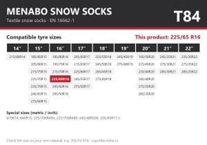Lanturi auto textile, huse antiderapante 225/65 R16, Menabo Snow Socks, omologate, T84
