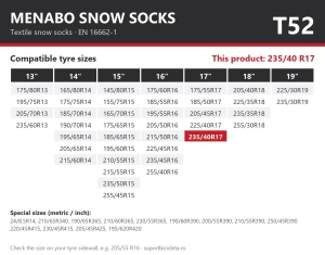 Lanturi auto textile, huse antiderapante 235/40 R17, Menabo Snow Socks, omologate, T52