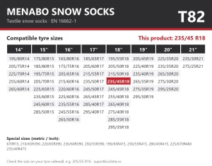 Lanturi auto textile, huse antiderapante 235/45 R18, Menabo Snow Socks, omologate, T82