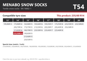 Lanturi auto textile, huse antiderapante 235/60 R14, Menabo Snow Socks, omologate, T54