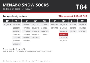 Lanturi auto textile, huse antiderapante 245/40 R20, Menabo Snow Socks, omologate, T84