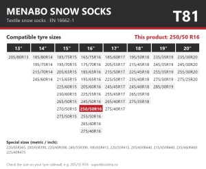Lanturi auto textile, huse antiderapante 250/50 R16, Menabo Snow Socks, omologate, T81