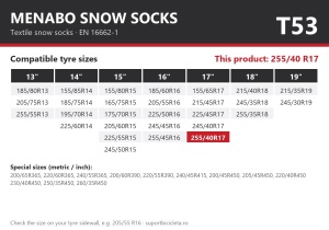 Lanturi auto textile, huse antiderapante 255/40 R17, Menabo Snow Socks, omologate, T53