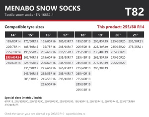 Lanturi auto textile, huse antiderapante 255/60 R14, Menabo Snow Socks, omologate, T82