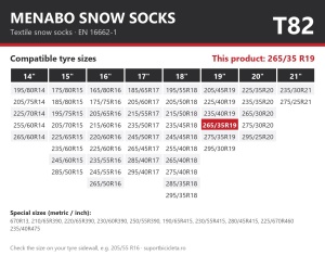 Lanturi auto textile, huse antiderapante 265/35 R19, Menabo Snow Socks, omologate, T82