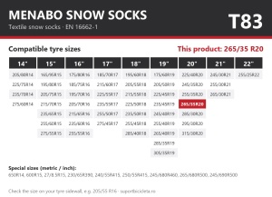 Lanturi auto textile, huse antiderapante 265/35 R20, Menabo Snow Socks, omologate, T83