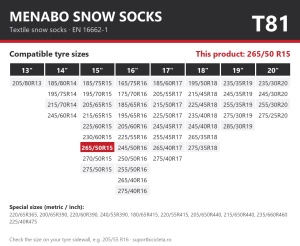 Lanturi auto textile, huse antiderapante 265/50 R15, Menabo Snow Socks, omologate, T81