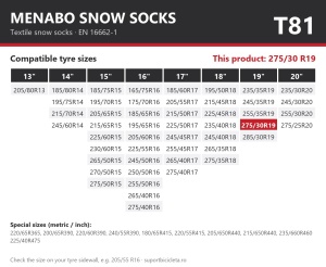 Lanturi auto textile, huse antiderapante 275/30 R19, Menabo Snow Socks, omologate, T81